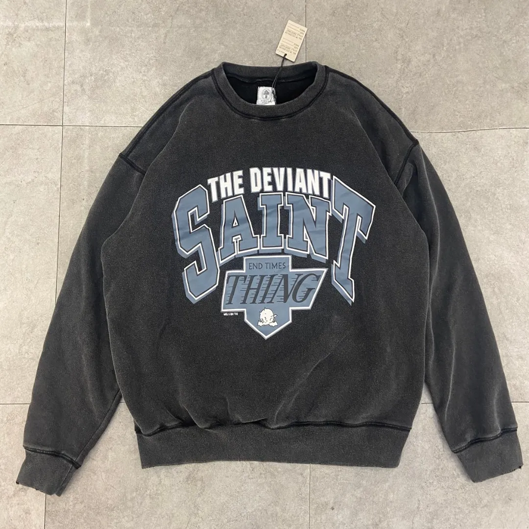 New 🆕Trendy brand saint michael TEH DEVIANT letter print retro distressed washed velvet loose round neck pullover sweatshirt Fabric: 420g Style number: SM615 Size: S-M-L-XL Color: Black Price: P198